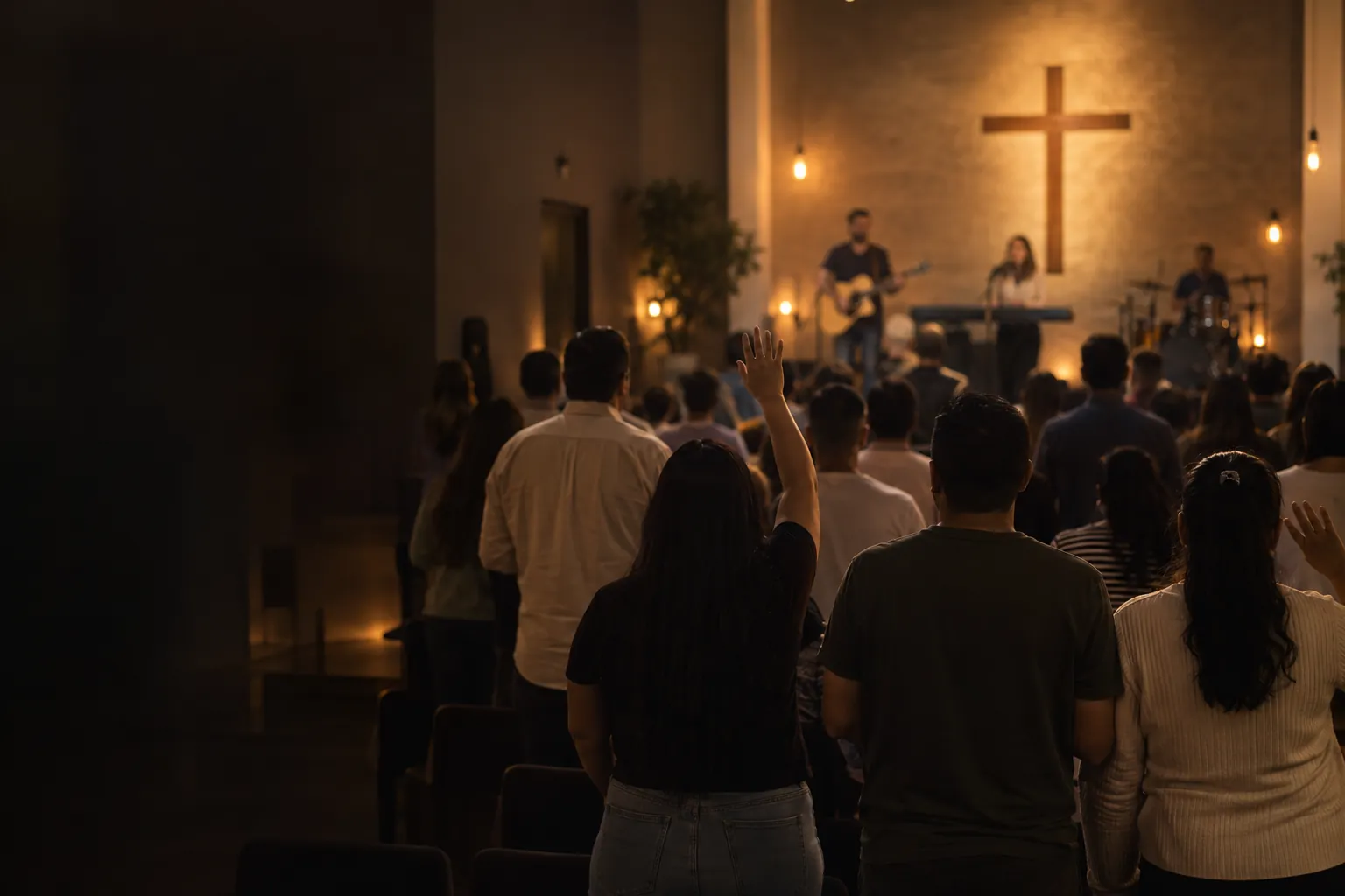 Culto na Comunidade Ramo Verde visto do fundo do templo, com luz quente sobre o palco