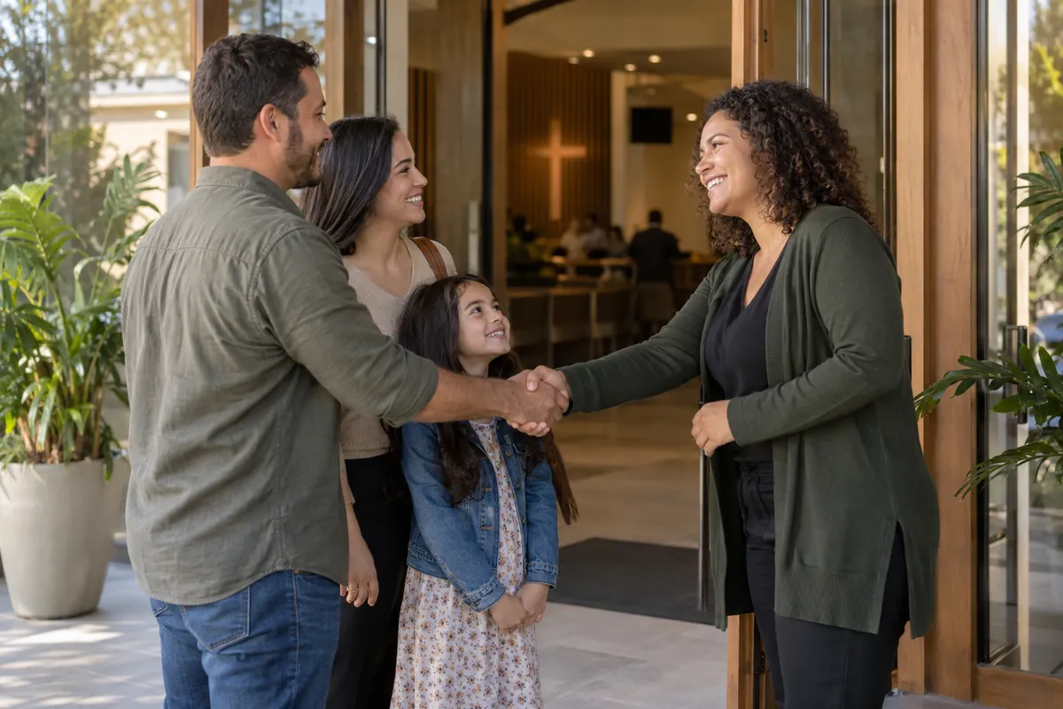 Equipe de recepção recebendo pessoas na entrada da igreja
